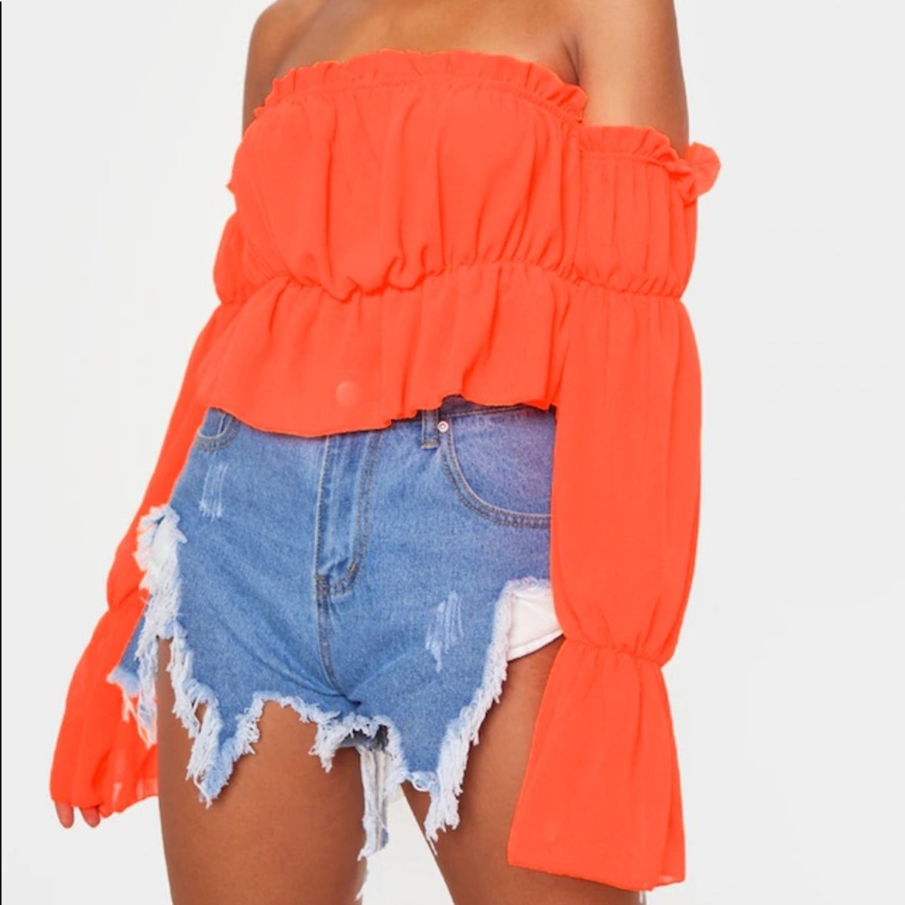 Neon Orange Woven Ruffle Flared Long Sleeve Blouse